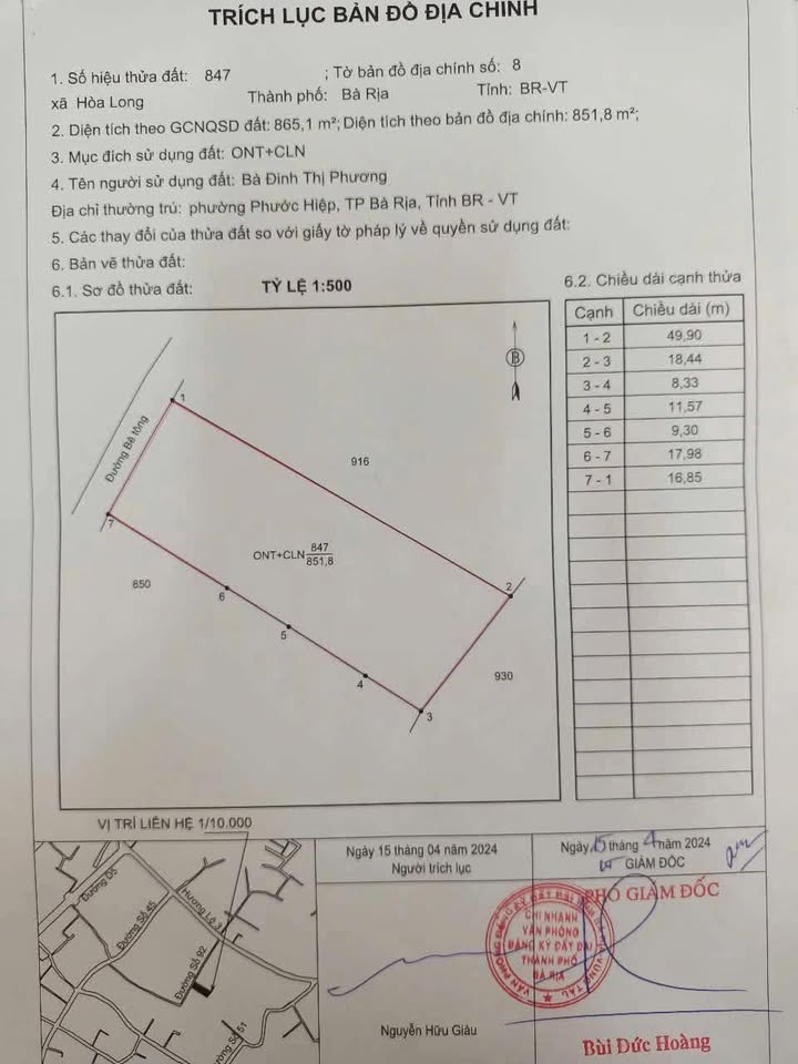 Bán gấp đất nền 865m² Xã Hoà Long, TP Bà Rịa - 3.3 tỷ, 100% thổ cư