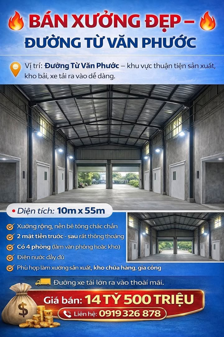 Bán Xưởng 550m² Mặt Tiền Đường Từ Văn Phước, Thủ Dầu Một - Giá 14.5 Tỷ