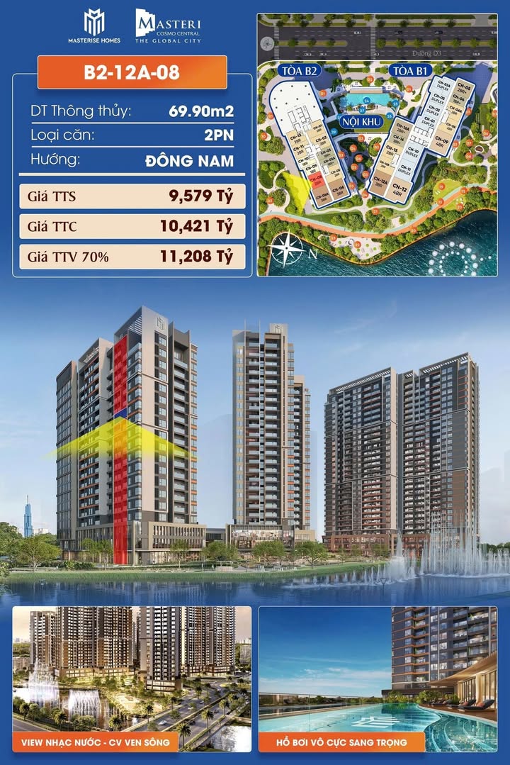 Căn hộ 2PN Masteri Cosmo Central 70m² - View Nhạc Nước, Giá Hời