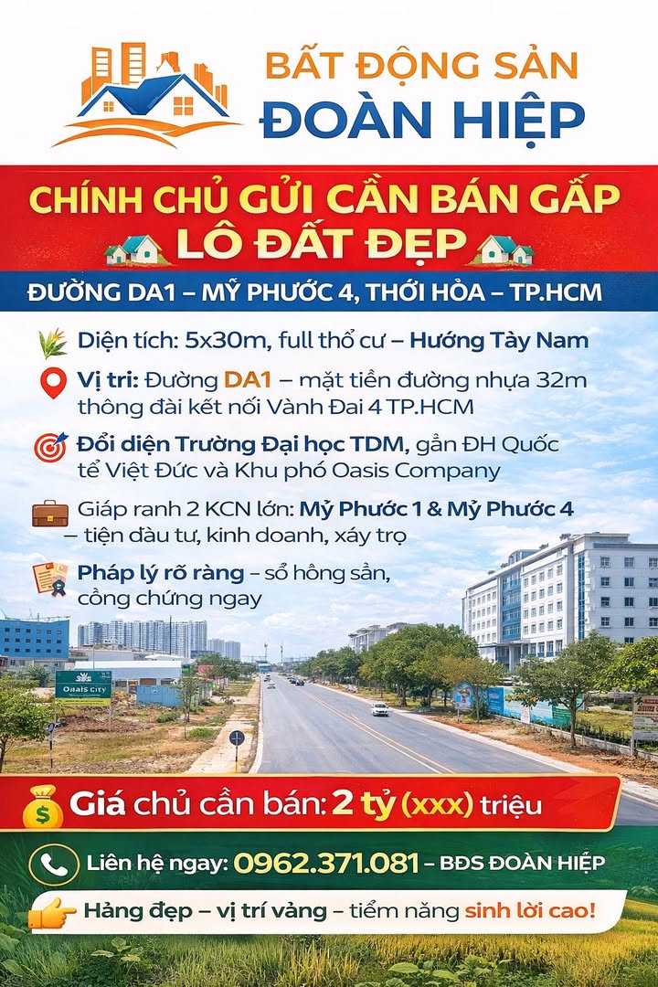 Đất nền Thới Hòa 150m² Bình Dương - Đường to ô tô, sổ hồng sẵn!