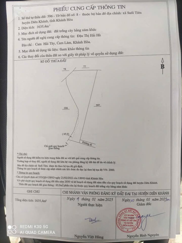 Đất Vườn 1634m² Suối Hiệp, Khánh Hòa - Giá Gấp 1.5 Tỷ