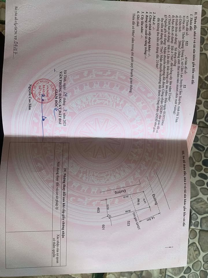 Đất Cẩm Lạc, Hà Tĩnh - 275m² Sổ Đỏ, Hai Mặt Tiền, Gần Trung Tâm