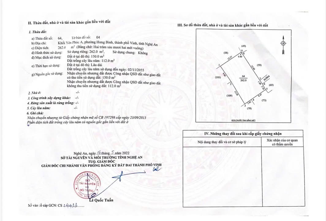 Đất nền 262m² Phường Hưng Bình, TP Vinh - Giá Tốt Đầu Tư