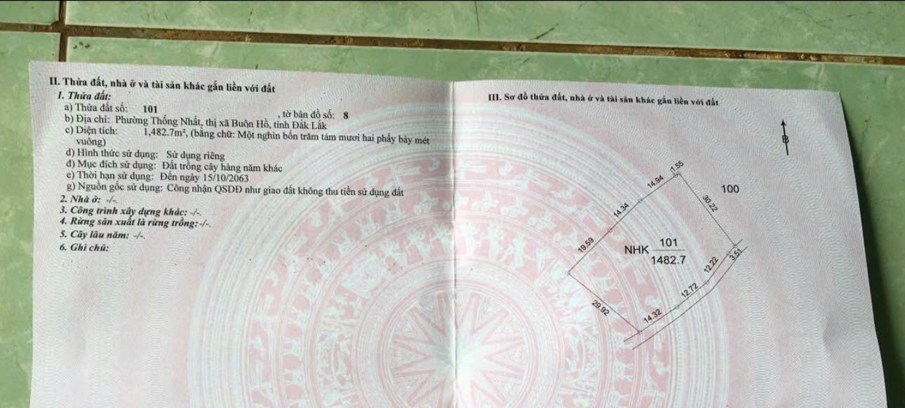 Bán đất Phường Thống Nhất, Buôn Hồ 1480m² - Bám mặt tiền 45m