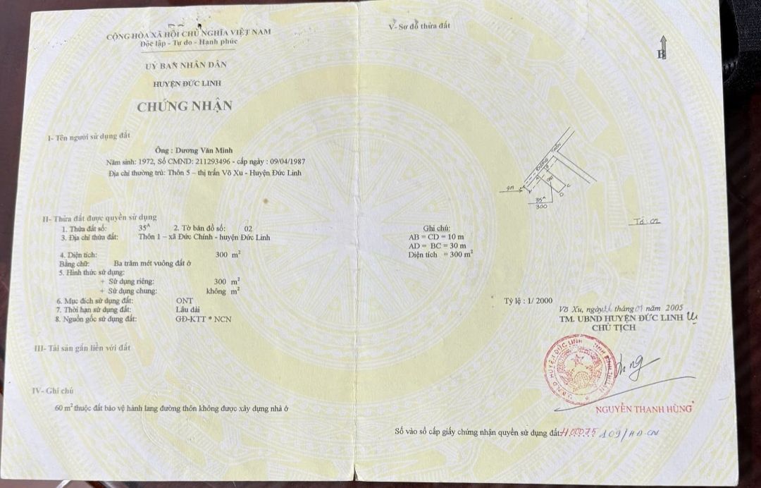 Đất nền Thôn 10 Nam Chính, Đức Linh 300m² - Đất thổ cư 100%