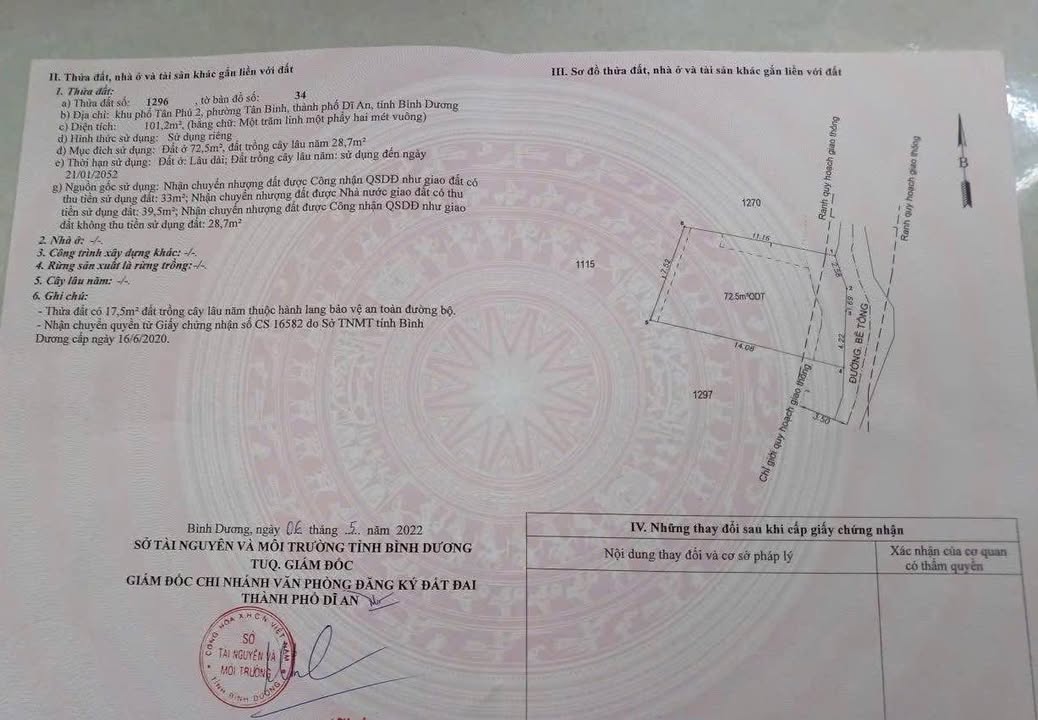 Đất nền Dĩ An 101m² gần UBND Tân Đông Hiệp - Sổ hồng thổ cư