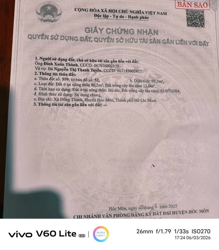 Đất nền Đông Thạnh Hóc Môn 100m² - Sổ hồng sẵn, ô tô vào tận nơi!