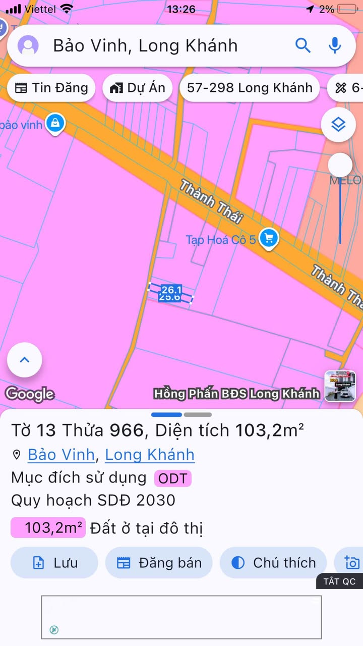 Đất nền Phường Bảo Vinh Long Khánh 104m² giá 870 triệu - Sổ đỏ chính chủ!