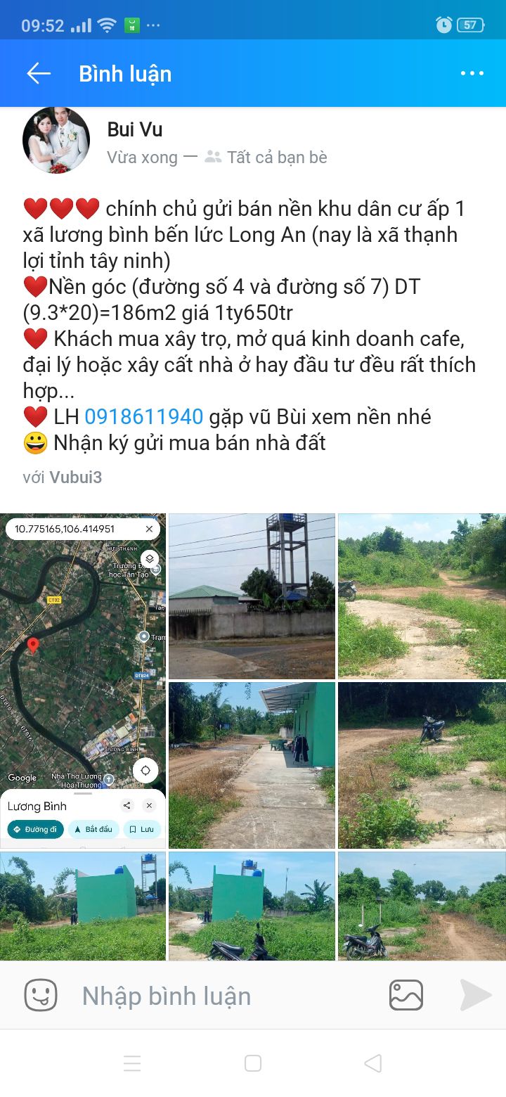 Bán Đất Nền Góc 186m² Xã Lương Bình, Đức Hòa - Giá 1.65 Tỷ