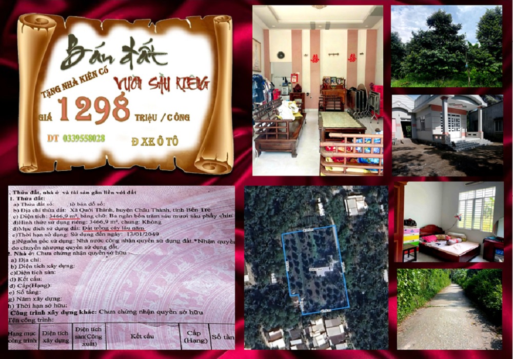 Đất Vườn Sầu Riêng Tặng Nhà Mái Thái, Bến Tre - 3467m² Giá 4.2 Tỷ