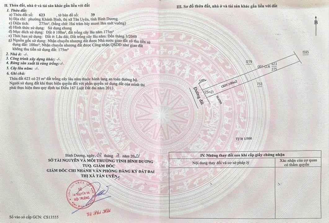 Bán đất thổ cư 275m² Phường Khánh Bình, Tân Uyên - Sổ hồng sẵn, giá đầu tư