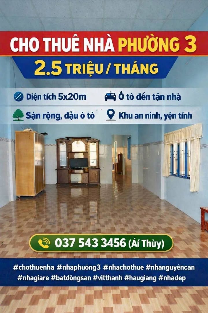 Nhà Nguyên Căn Phường 3 Vị Thanh 100m² - Giá 2.5 Triệu/Tháng - Ô Tô Tận Nhà
