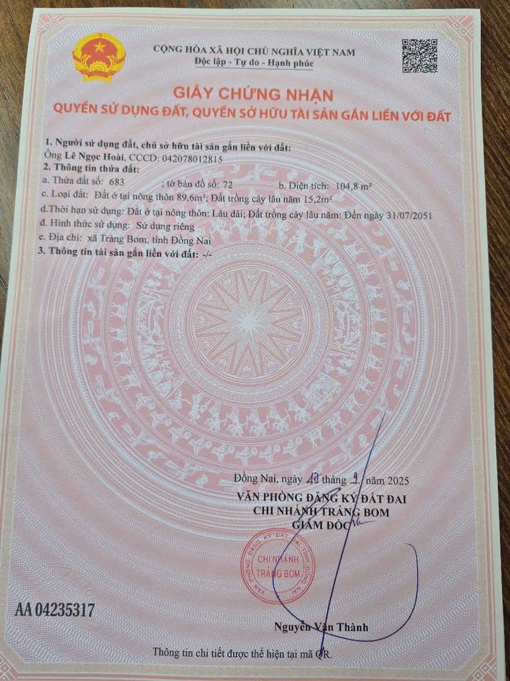 Đất nền Ấp 6 Sông Trầu Trảng Bom 100m² - Sổ đỏ chính chủ