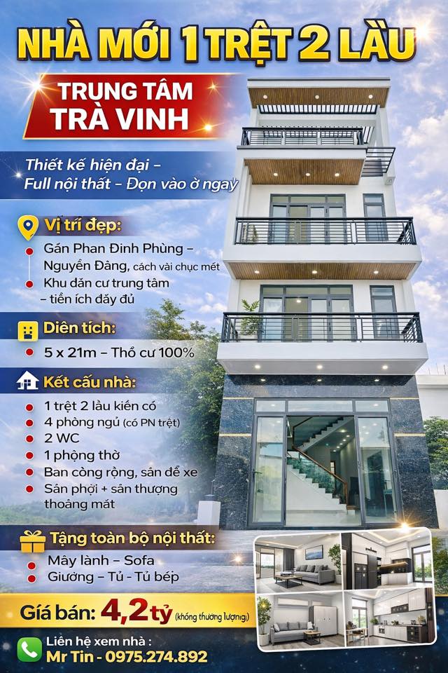 Nhà 1 Trệt 2 Lầu 105m² Trung Tâm Trà Vinh - Full Nội Thất, Giá 4.2 Tỷ