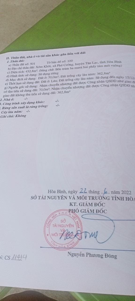 Bán Đất Phú Cường Tân Lạc 432.8m² - View Đồng Ruộng Đẹp, 2 Mặt Tiền