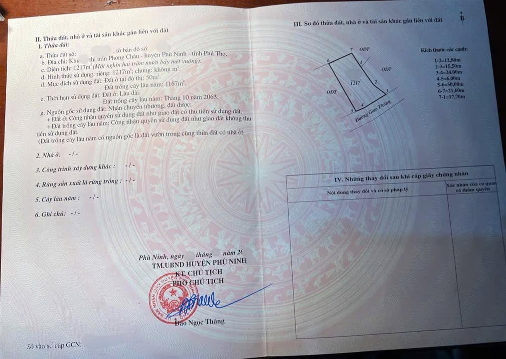 Đất nền 1217m² Phù Ninh, Phú Thọ - Sổ đỏ chính chủ