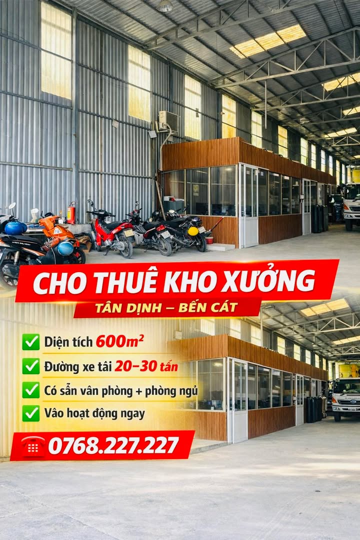 Cho thuê kho xưởng 600m² Bến Cát - Sẵn sàng hoạt động ngay!
