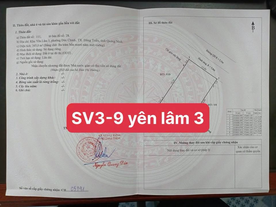 Đất nền Yên Lâm 3 Đông Triều 345m² 3.45 tỷ - Sổ đỏ chính chủ