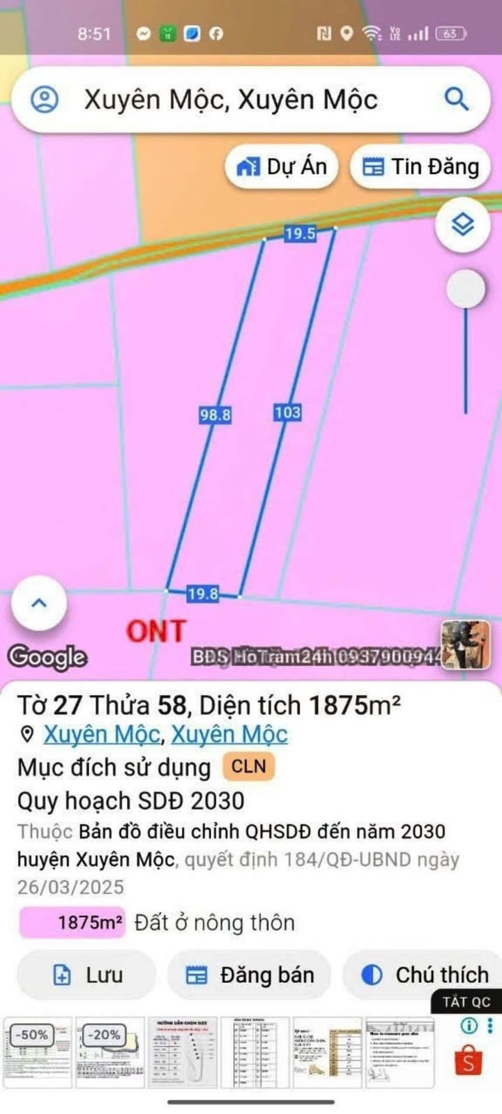 Đất nền Xuyên Mộc 1152m² giá 3.84 tỷ - Sổ hồng chính chủ!