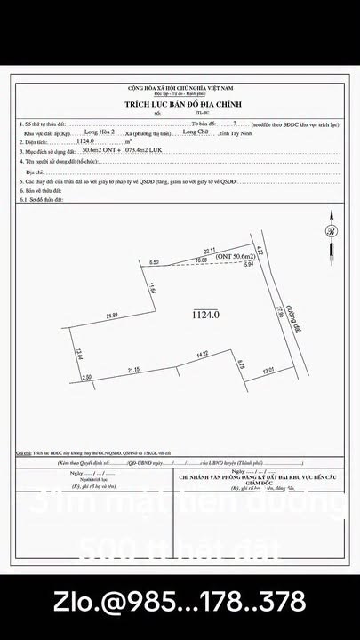 Đất nền Bến Cầu, Tây Ninh 1073m² giá 500 triệu - Sổ đỏ chính chủ
