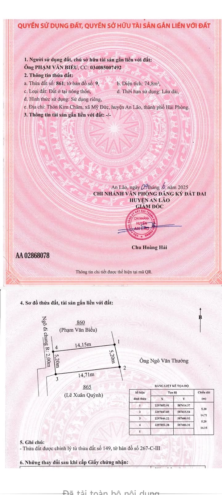 Đất nền An Lão 66.9m² 750 triệu - Đường to ô tô