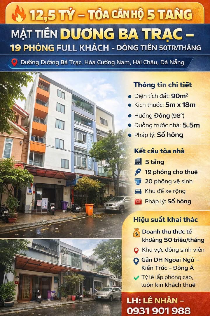 Tòa Căn Hộ 5 Tầng MT Dương Bá Trạc, Đà Nẵng - 19PN, Dòng Tiền 50tr/Tháng