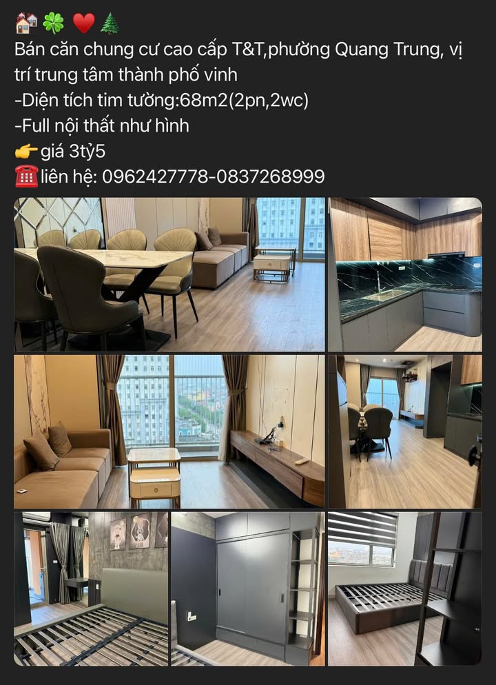 Chung cư T&T Vinh 68m² (2PN) Full Nội thất - Giá 3.5 Tỷ