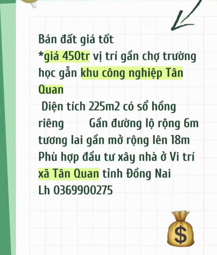 Đất Nền Sổ Hồng Riêng 225m² - Tân Quan, Đồng Nai - Chỉ 450 Triệu