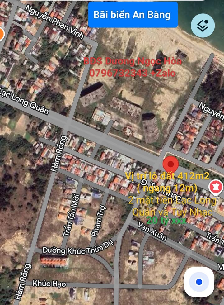Đất Biển An Bàng - 412m² 2 Mặt Tiền Lạc Long Quân, Tuy Nhạc - 20 Tỷ