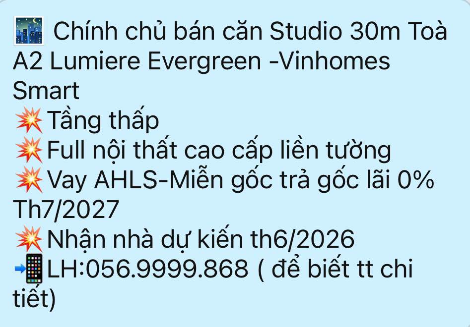 Bán Studio Lumiere Evergreen 30m² - Full Nội Thất Cao Cấp, Hỗ Trợ Lãi Suất