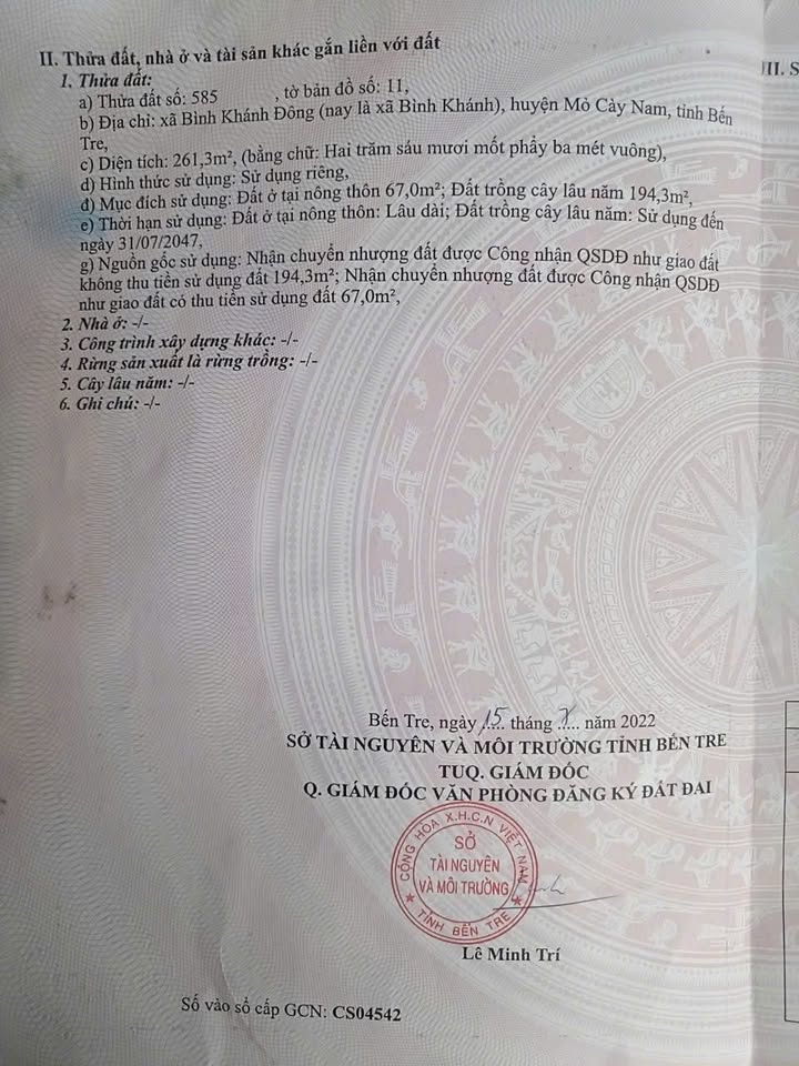 Đất nền Bình Khánh Mỏ Cày Nam 261m² giá 300 triệu - Giá tốt hiếm có!