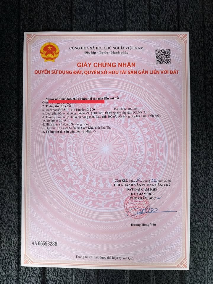 Đất nền 102m² Tam Sơn, Cẩm Khê - Sổ đỏ 100% thổ cư, ô tô vào đất