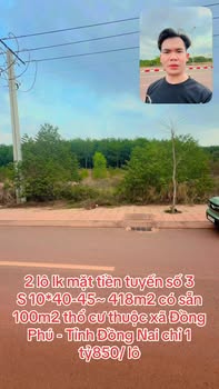 Đất nền Đồng Phú - Bình Phước: 2 Lô Liền Kề Mặt Tiền Tuyến Số 3, 418m², 1.85 Tỷ/Lô