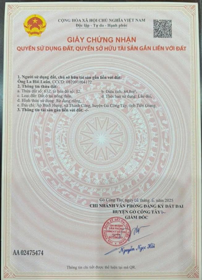 Đất nền Gò Công Tây 103m² giá 1 tỷ - Sổ đỏ chính chủ