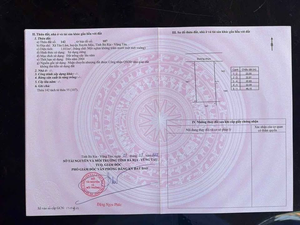 Đất nền Xã Tân Lâm, Xuyên Mộc 1012m² - Mặt tiền đường nhựa, tiềm năng tăng giá!