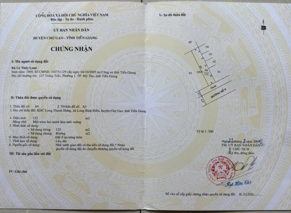 Đất nền sổ đỏ 125m² mặt tiền Đường số 9, Chợ Gạo, Tiền Giang - Giá đầu tư 1.5 tỷ