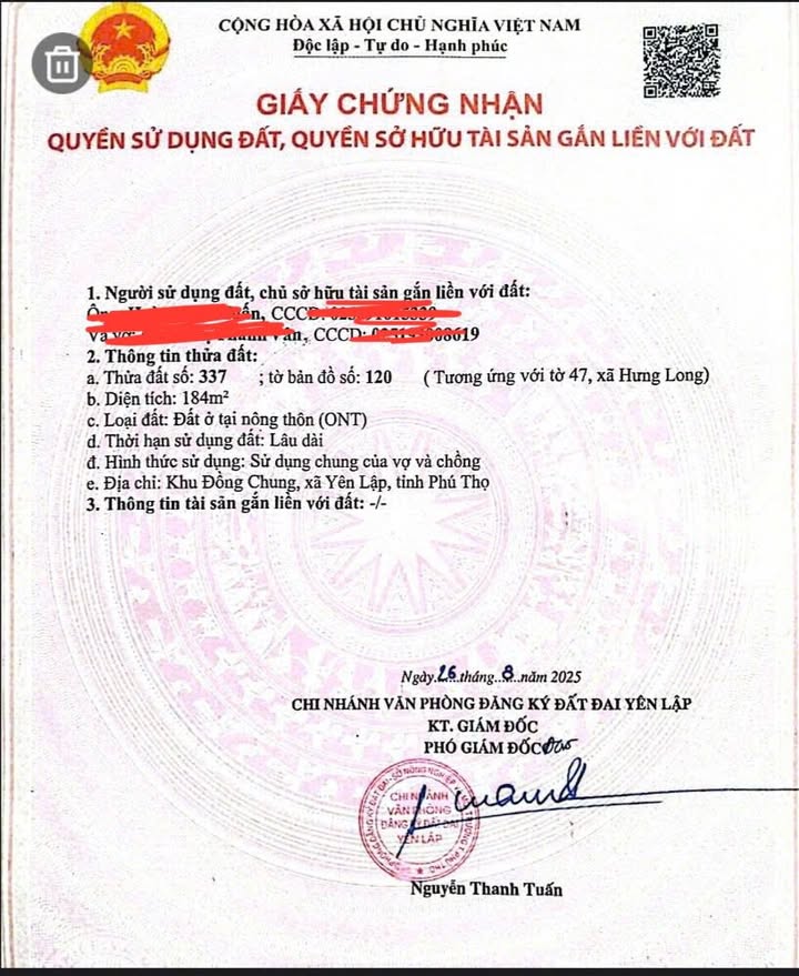 Đất nền Hưng Long, Yên Lập 184m² - Sổ đỏ chính chủ, tiềm năng sinh lời!