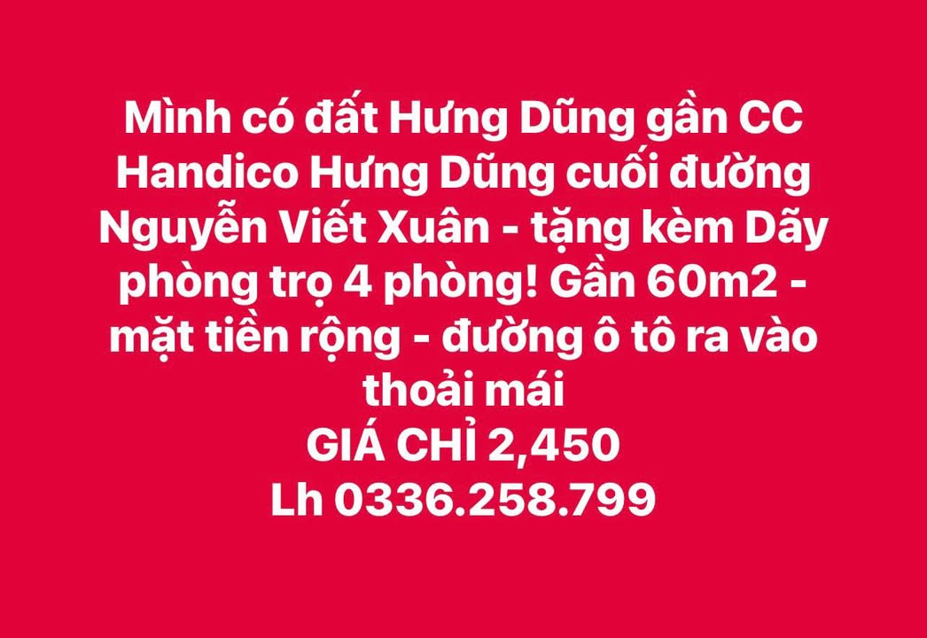 Bán đất Hưng Dũng tặng nhà trọ 60m² - Ngay CC Handico, ô tô vào nhà!