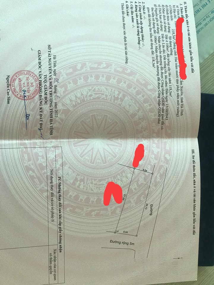 Đất nền Cẩm Hưng, Cẩm Xuyên 218.5m² - Sổ đỏ chính chủ, 2 mặt tiền!