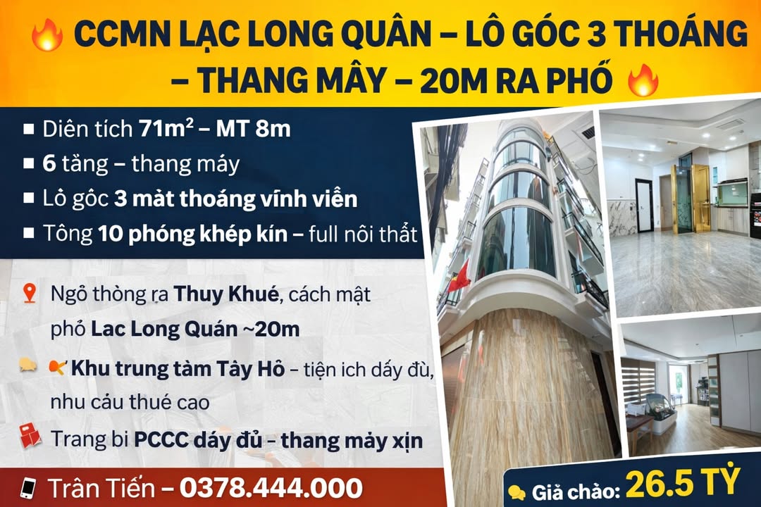 Tòa căn hộ dịch vụ Lạc Long Quân, Tây Hồ 71m² - Đầu tư sinh lời 26.5 tỷ