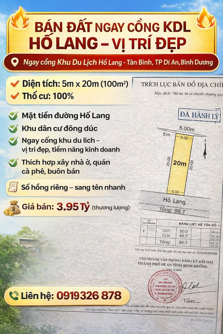 Đất Nền Mặt Tiền Hố Lang, Dĩ An - 100m² Sổ Hồng Riêng, Giá 3.95 Tỷ