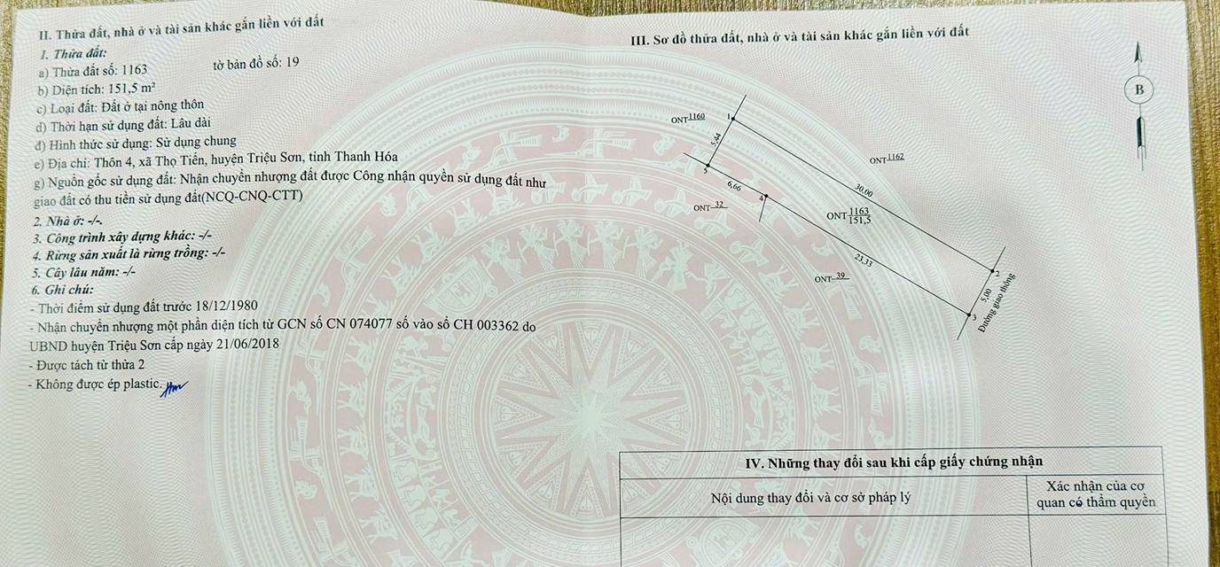 Đất nền Thọ Tiến, Triệu Sơn: 150m² sổ hồng, đối diện mặt bằng đấu giá - Giá chỉ 5xx triệu