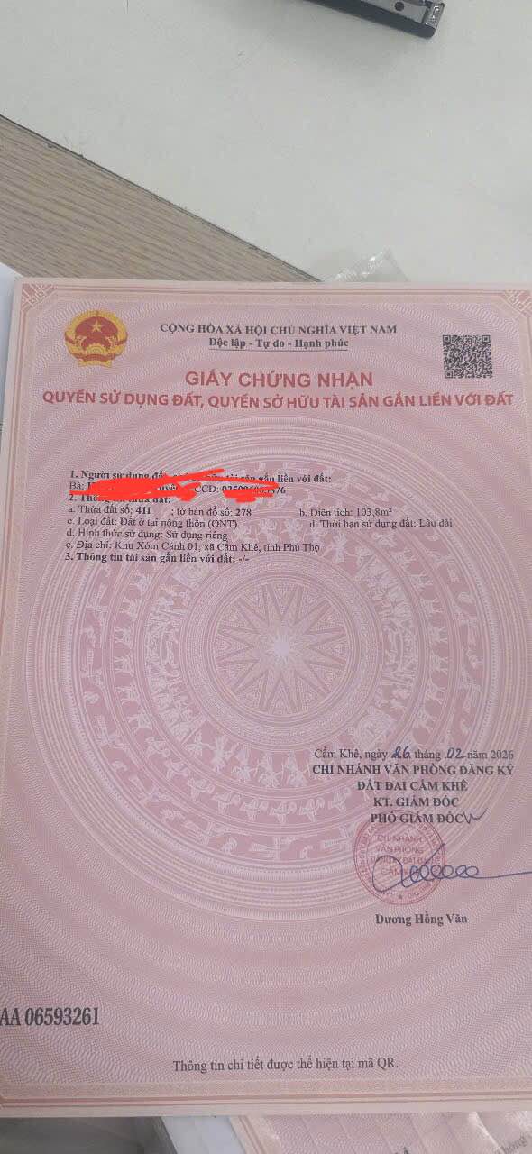 Đất nền Cẩm Khê 103m² - Sổ đỏ chính chủ, tiềm năng tăng giá!