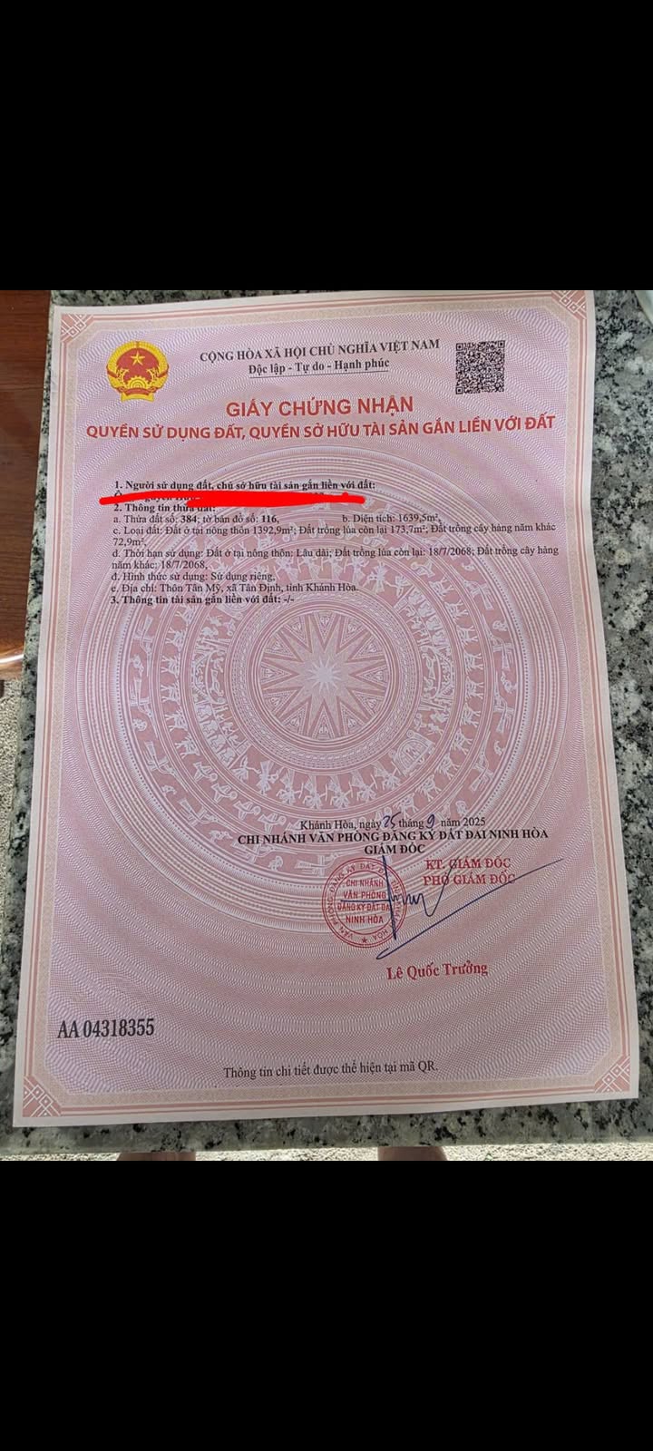 Bán đất thổ cư 1392.9m² mặt tiền đường Tân Mỹ, Ninh Hòa - Sổ hồng sẵn