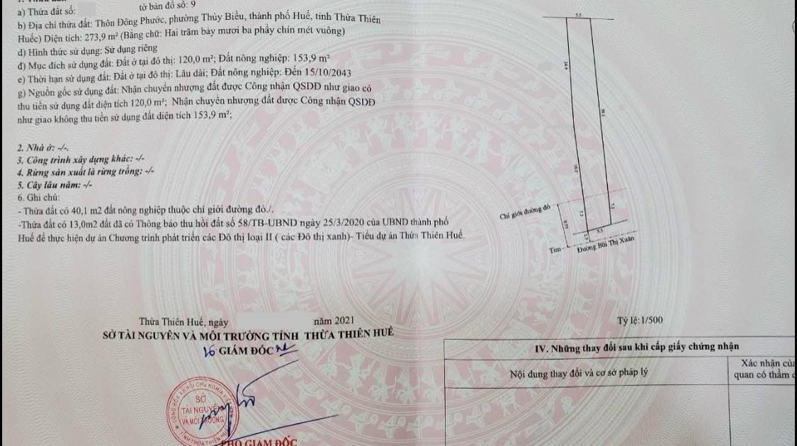 Đất Mặt Tiền Bùi Thị Xuân - Huế 274m² Giá 4.3 Tỷ - Cơ Hội Đầu Tư Vàng