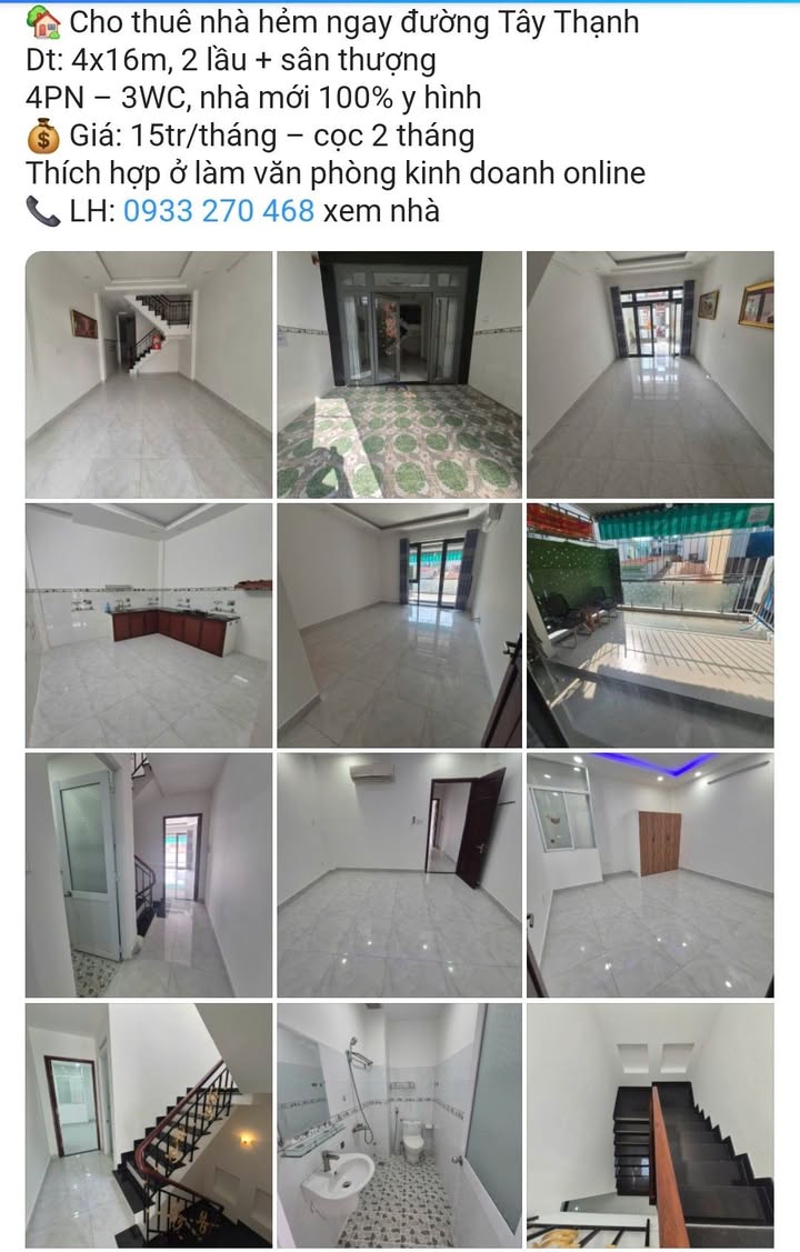 Nhà Cho Thuê 4x16m, 4PN, 3 Lầu, Tây Thạnh Tân Phú - Giá 15 Triệu