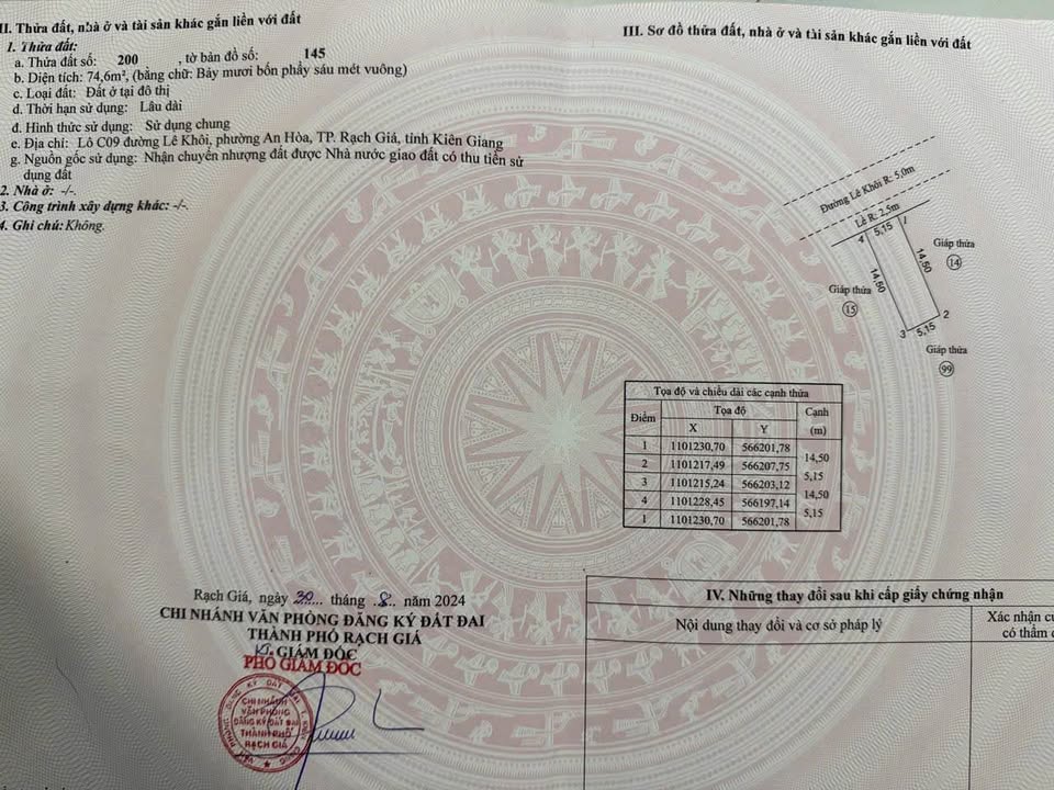 Bán đất Đường Lê Khôi, Rạch Giá - Sổ đỏ, 74.68m², 1.53 tỷ