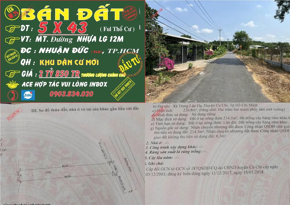 Đất nền mặt tiền đường nhựa 12m, Xã Nhuận Đức, Củ Chi - 215m² Sổ hồng