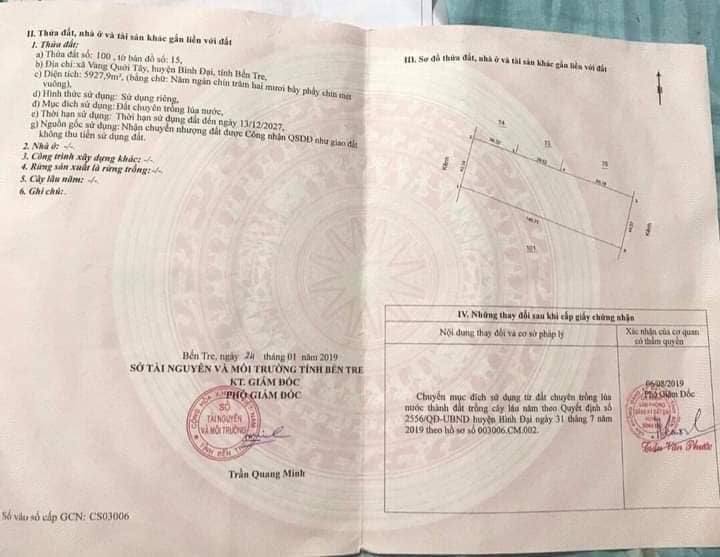 Đất vườn Vang Quới Tây Bến Tre 5.927m² 4.445 tỷ - Sổ đỏ chính chủ