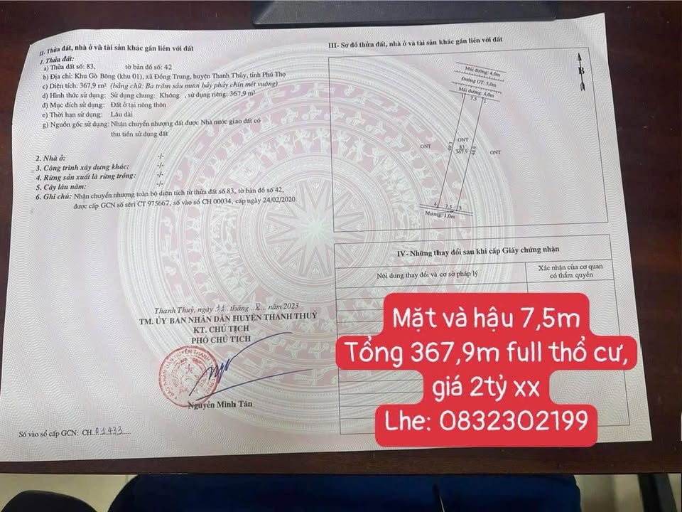 Đất nền 367m² Full Thổ Cư Xã Sơn Thủy, Thanh Thủy - Giá Đầu Tư Cực Tốt